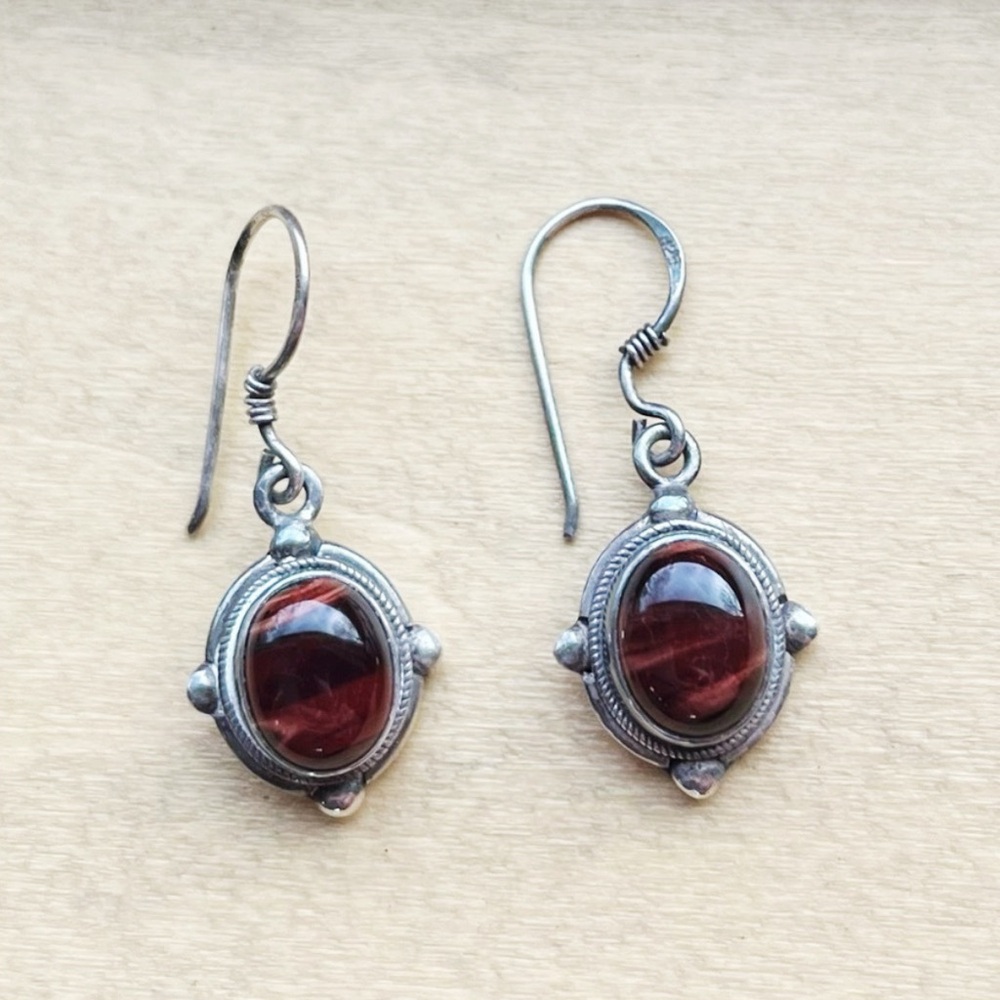 925 Sterling Silver Tiger’s Eye Oval Drop Earrings